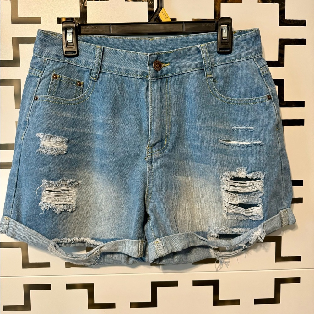 DENIM HIGH WASTED SHORTS, Ladies, Cuffed, Distressed, Size LARGE, NEW (no tags)